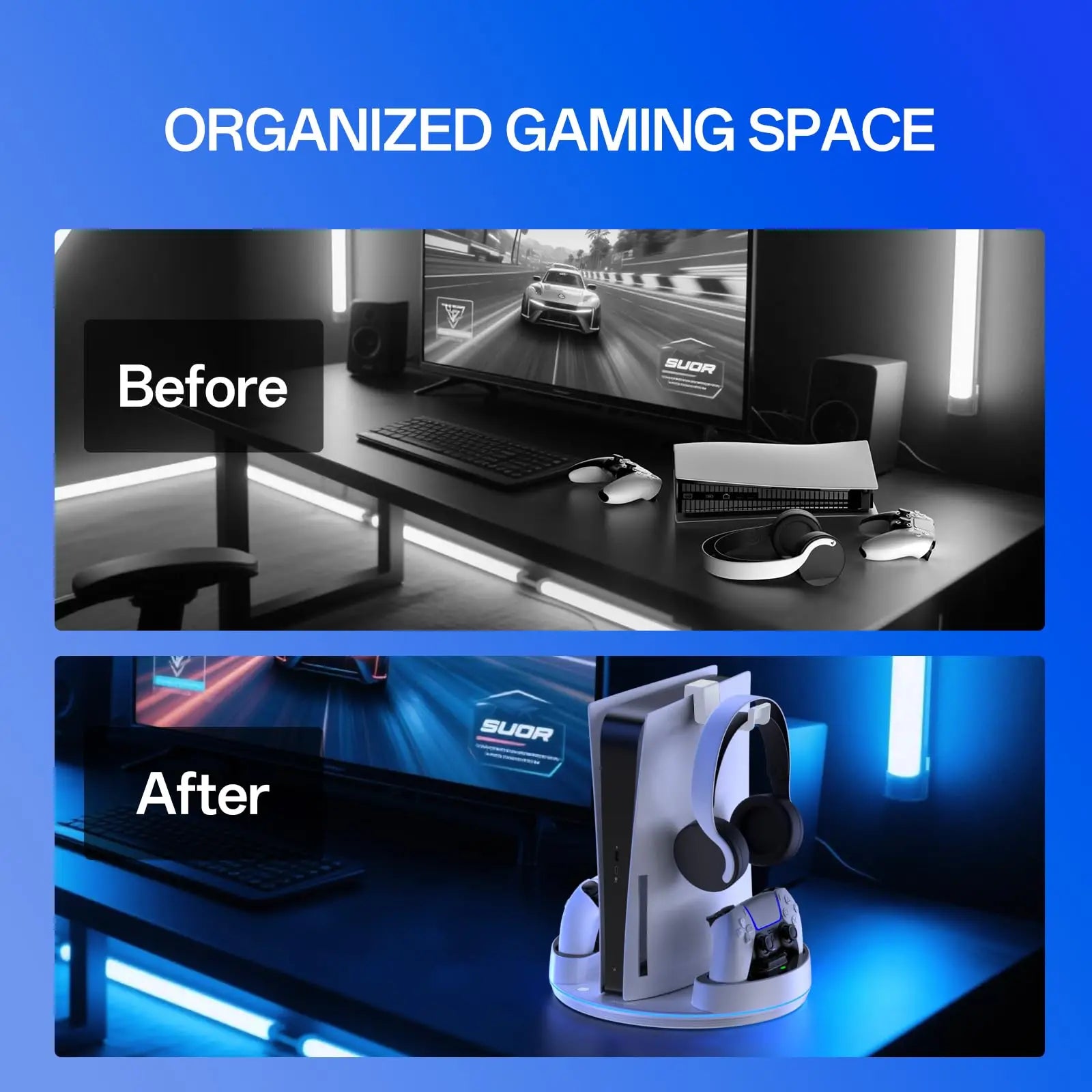 NEWDERY PS5 Charging Station for PlayStation 5/PS5 Slim/ PS5 Pro Disc & Digital Version Controllers With Adjustable RGB Light