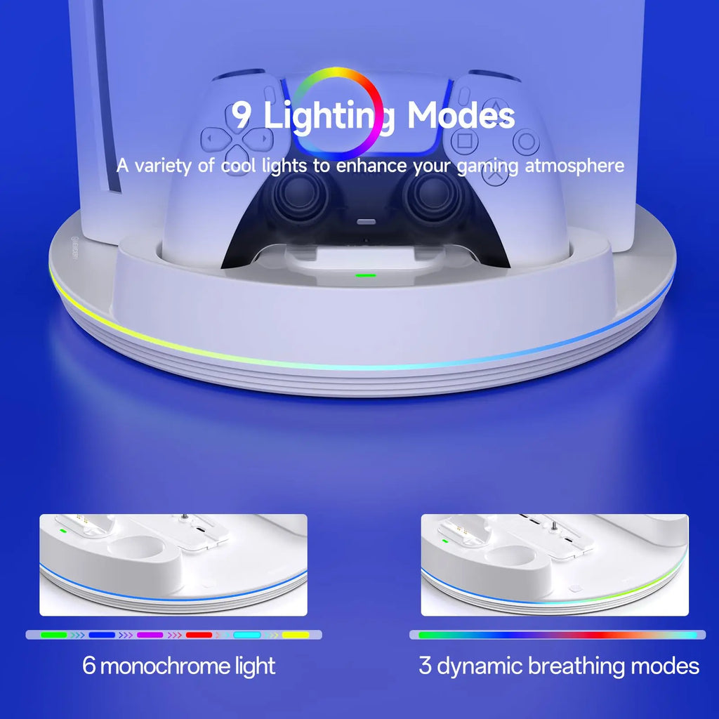NEWDERY PS5 Charging Station for PlayStation 5/PS5 Slim/ PS5 Pro Disc & Digital Version Controllers With Adjustable RGB Light