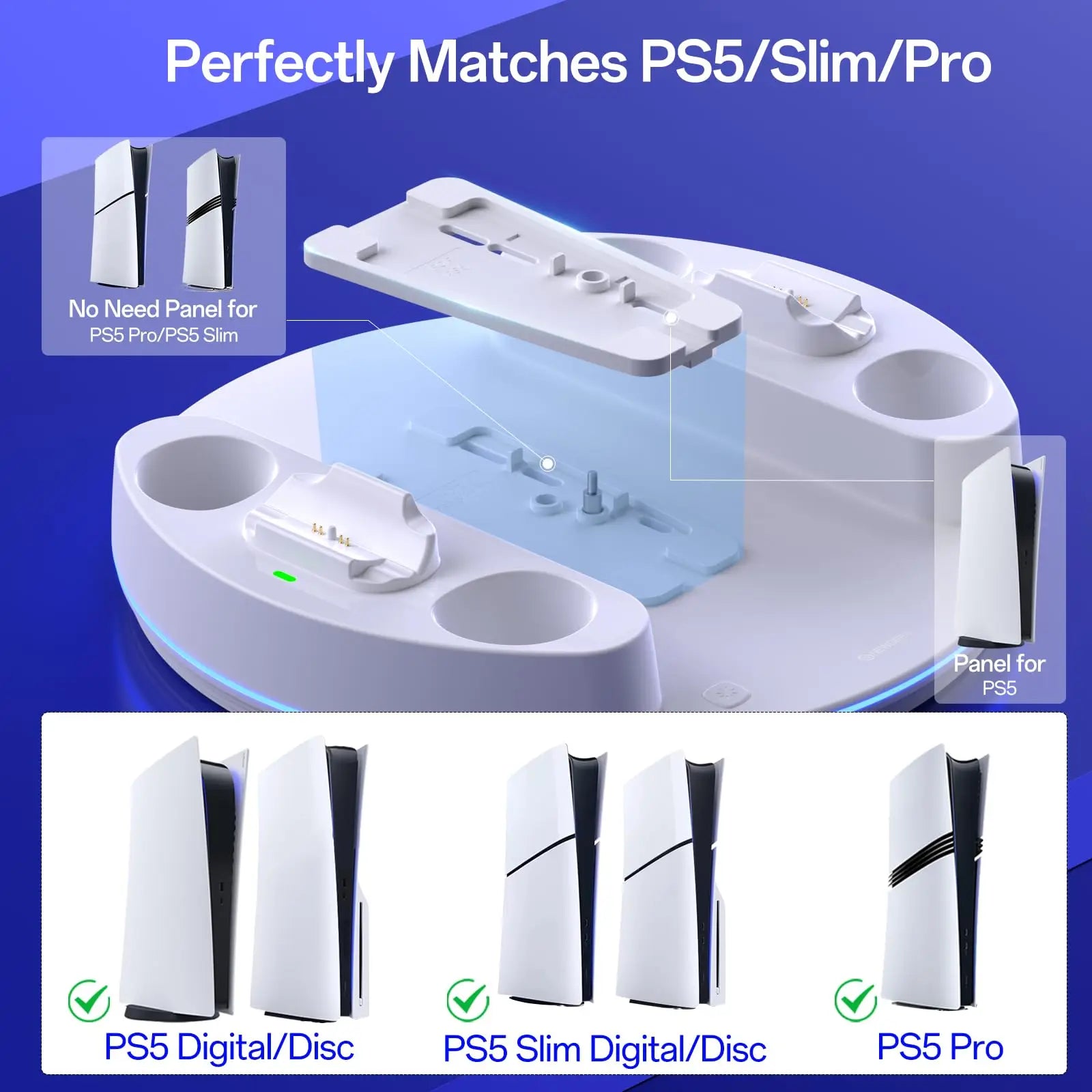 NEWDERY PS5 Charging Station for PlayStation 5/PS5 Slim/ PS5 Pro Disc & Digital Version Controllers With Adjustable RGB Light