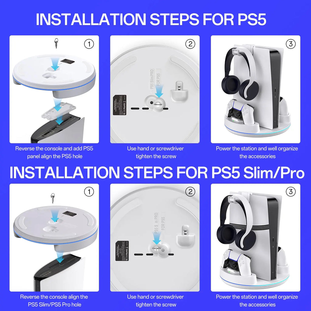NEWDERY PS5 Charging Station for PlayStation 5/PS5 Slim/ PS5 Pro Disc & Digital Version Controllers With Adjustable RGB Light