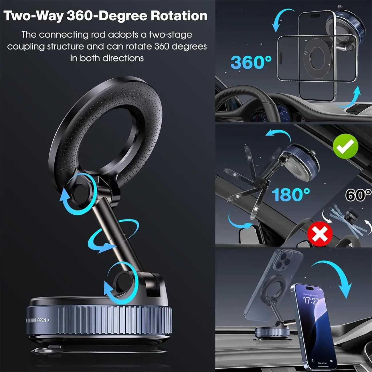 2026 Magnetic vacuum  car phone holder 360 adjustable mount